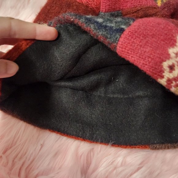 Wool Red Orange Autumn Themed Winter Beanie Hat OS Womens Patchwork Knit Cable - Picture 3 of 3